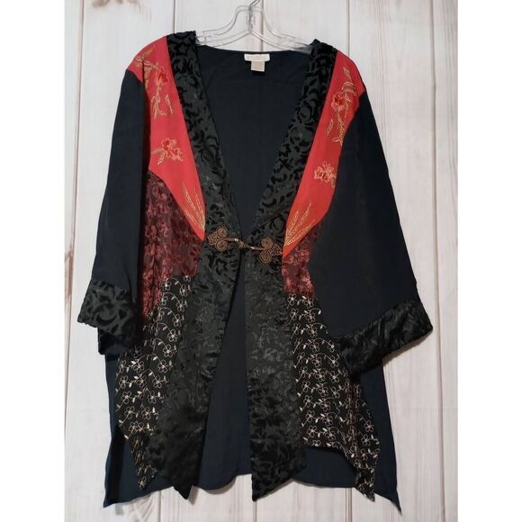Roamans Kimono Ladies 18W Black Semi Sheer‎ Red Velour - Picture 1 of 7